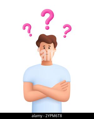 Verwirrter Mann James, der mit überkreuzten Armen steht, posiert mit rotem Fragezeichen und denkt an eine Lösung. Auswahl, Problemlösungskonzept. 3D-Vektor-Personen c Stock Vektor