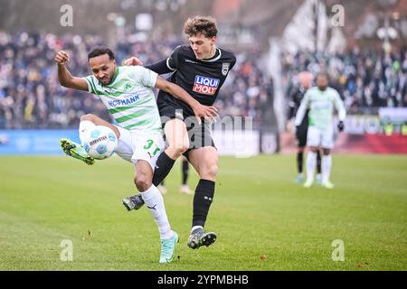 1. Dezember 2024, Baden-Württemberg, Ulm: Fußball: Bundesliga 2, SSV Ulm 1846 – SpVgg Greuther Fürth, 14. Spieltag, Donaustadion. Greuther Fürths Julian Green (l) im Kampf gegen Ulms Maurice Krattenmacher (r). Foto: Harry langer/dpa - WICHTIGER HINWEIS: Gemäß den Vorschriften der DFL Deutschen Fußball-Liga und des DFB Deutschen Fußball-Bundes ist es verboten, im Stadion und/oder des Spiels aufgenommene Fotografien in Form von sequenziellen Bildern und/oder videoähnlichen Fotoserien zu verwenden oder zu verwenden. Stockfoto