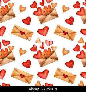 Nahtloses Valentinstag-Muster mit Briefumschlägen mit Herzsiegeln, offenen Buchstaben mit roten und orangen Herzen und verstreuten Herzformen Stockfoto