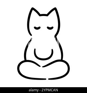 Katze sitzt in Meditation, einfache Umrisszeichnung. Niedliches schwarz-weißes Kätzchen, das in Lotusposition meditiert. Illustration von Vektorclips. Stock Vektor