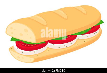 Caprese Sandwich im Unterstil mit Mozzarella, Tomaten und Basilikum. Illustration isolierter Vektorgrafik. Stock Vektor