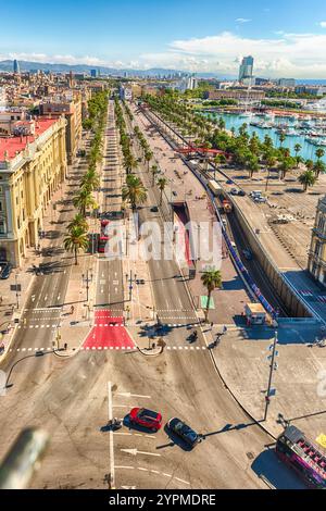 Panoramablick auf Passeig de Colom von der Spitze des Kolumbus Monuments, Barcelona, Katalonien, Spanien Stockfoto