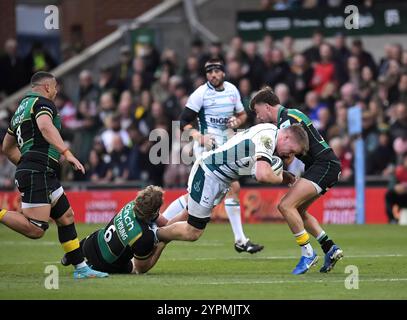 London, Großbritannien. November 2024. Angus Scott-Young und George Furbank aus Northampton bekämpfen Arthur Clark aus Gloucester während des Gallagher Premiership Rugby-Spiels zwischen Northampton Saints und Gloucester Rugby im Cinch Stadium am 29. November 2024 in London. Quelle: Gary Mitchell, GMP Media/Alamy Live News Stockfoto