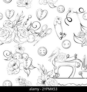 Vintage-Nähmaschine mit Blumenarrangements Rosen und Anemone, Vogel. Retro-Werkzeuge – Scheren, Knöpfe, Nadeln. Alte Mode, Schneiderei nahtlos Stock Vektor