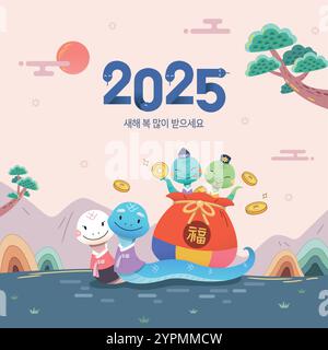 Koreanisches Neujahr. Blaue Schlangenfamilie und Glücksbeutel, um das neue Jahr zu begrüßen. Übersetzung: „2025, Happy New Year“ Stock Vektor