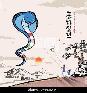 Koreanisches Neujahr. Eine koreanische Familie fliegt einen blauen, schlangenförmigen Drachen, um das neue Jahr zu begrüßen. Tinte Malerei Landschaft, Vektorillustration. Stock Vektor