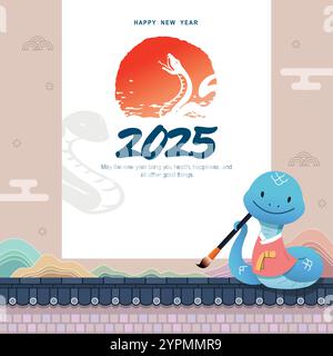 Koreanisches Neujahrsdesign. Eine blaue Schlange trägt einen traditionellen Hanbok und hält einen Pinsel in der Hand und überbringt eine Neujahrsbotschaft für 2025. Stock Vektor