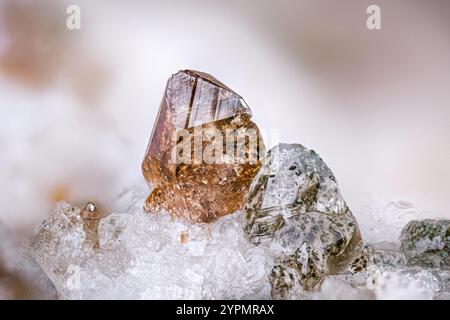 Brauner Titanit (links) mit Quarz (rechts) im Lieferumfang von Quarz enthalten. Exemplar aus dem gotthard-Massiv, schweiz. Mikrofotografie extrem Stockfoto