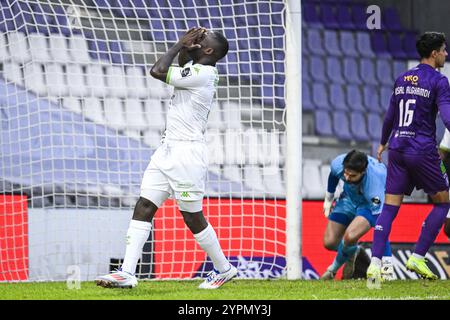 Antwerpen, Belgien. Dezember 2024. Cercle's Kevin Denkey reagiert auf ein Fußballspiel zwischen Beerschot VA und Cercle Brugge am Sonntag, den 1. Dezember 2024 in Antwerpen, am 16. Tag der Saison 2024-2025 der ersten Liga der „Jupiler Pro League“ der belgischen Meisterschaft. BELGA FOTO TOM GOYVAERTS Credit: Belga Nachrichtenagentur/Alamy Live News Stockfoto