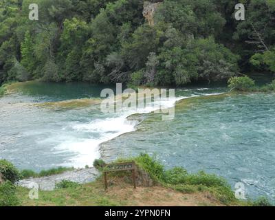 Ein ruhiger Fluss fließt durch eine lebendige grüne Landschaft, umgeben von Bäumen. Das Wasser kaskadiert sanft über Felsen und schafft eine friedliche Atmosphäre pe Stockfoto