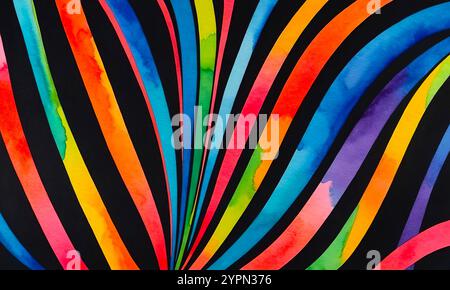 Geschwungene Aquarellfarben Helle mehrfarbige Streifen auf schwarzem Hintergrund, abstraktes Muster für Design Stockfoto