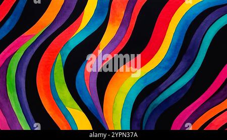 Geschwungene Aquarellfarben Helle mehrfarbige Streifen auf schwarzem Hintergrund, abstraktes Muster für Design Stockfoto