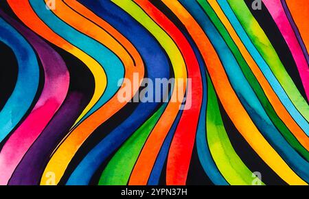 Geschwungene helle mehrfarbige Streifen auf schwarzem Hintergrund, abstraktes Muster für Design Stockfoto