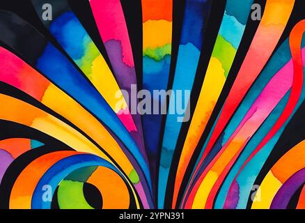 Geschwungene Aquarellfarben Helle mehrfarbige Streifen auf schwarzem Hintergrund, abstraktes Muster für Design Stockfoto