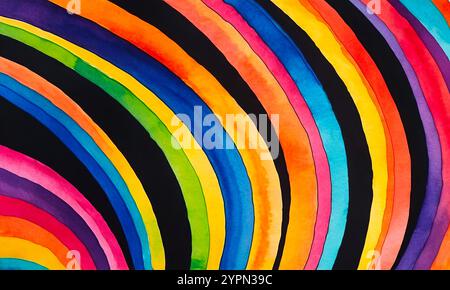 Geschwungene helle mehrfarbige Streifen auf schwarzem Hintergrund, abstraktes Muster für Design Stockfoto