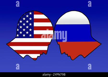 Umriss von zwei Köpfen mit USA und Russland Umriss von zwei Köpfen mit USA und Russland, 01.12.2024, Borkwalde, Brandenburg, in den Umrissen von zwei gegenüberliegenden Köpfen befinden sich die Symbole von den USA und Russland. *** Umriss zweier Köpfe mit USA und Russland Umriss zweier Köpfe mit USA und Russland, 01 12 2024, Borkwalde, Brandenburg, in den Umrissen zweier gegenüberliegender Köpfe befinden sich die Symbole der USA und Russlands Stockfoto