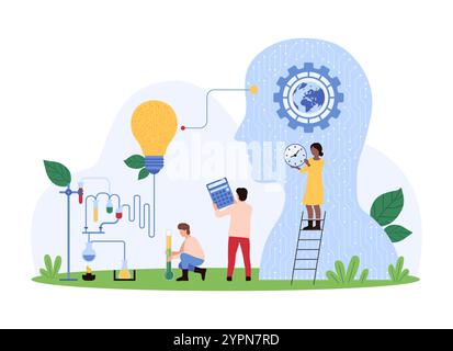 Wissenschaftler arbeiten mit KI-Technologie und innovativen Werkzeugen zusammen, führen Experimente durch und analysieren Daten, um wissenschaftliche Erkenntnisse und Lösungsvektorillustration zu verbessern. Stock Vektor