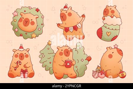 Kawaii Christmas Capybaras Silvester Baumstern-Spielzeug-Girlande mit Fahnen, Bonbonsocke und Kranz. Stock Vektor