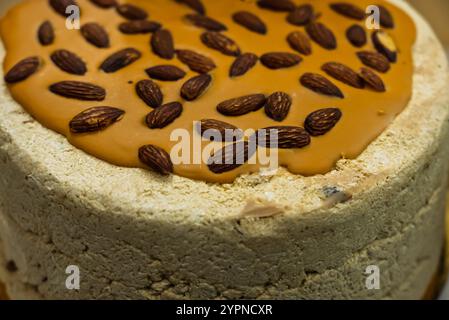 Halva ist ein traditionelles Konfekt aus dem Nahen Osten, das hauptsächlich aus Sesampaste und Zucker hergestellt wird. Kuchen mit reichhaltigem, süßem Geschmack und bröckeliger Textur. Halva c Stockfoto