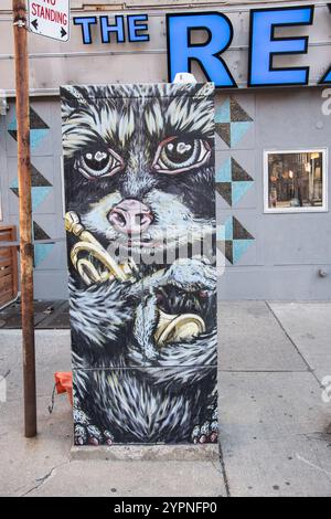 Waschbärgemälde auf einem elektrischen Verkehrskontrollkasten an der Queen Street West in der Innenstadt von Toronto, Ontario, Kanada Stockfoto