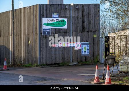 Schild am Eingang zur Baustelle des South Clyde Energy Centre an Energy from Waste Facility (EFW), Bogmoor Road, Glasgow, Schottland, Vereinigtes Königreich, Europa Stockfoto