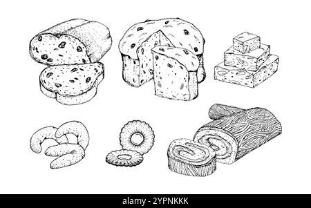 Ein Vektorsatz mit detaillierten Illustrationen in Schwarzweiß-Tinte mit verschiedenen Weihnachtsgebäck: stollen, Panettone, Nougatturron, Linzer und Stock Vektor