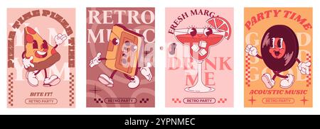 Retro-Party. Poster mit Disco-Musik aus den 90er Jahren. Cocktailgetränk. Lustiger Vintage-Ball. Pizza-Charakter. Musikkassette. Fröhliches Maskottchen. Flippige 80er Jahre Kritzelei Stock Vektor