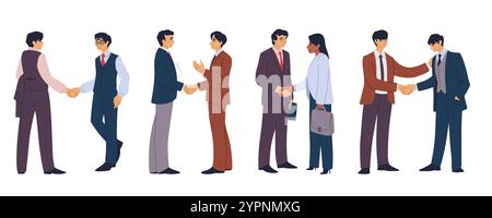 Menschen schütteln Hand. Geschäftsmann, weibliche Charaktere in Anzügen, diverse Bürogeschäfte. Glückliche und professionelle Einigung. Kommunikation mit Mitarbeiterpartnerschaften. Stock Vektor