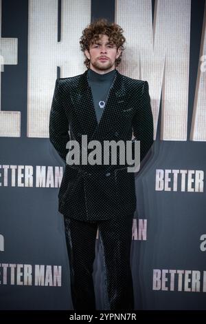 Tom Grennan kommt zur europäischen Premiere von Better man im Odeon Luxe Leicester Square Cinema. Der visionäre neue Film über Robbie Williams. Stockfoto
