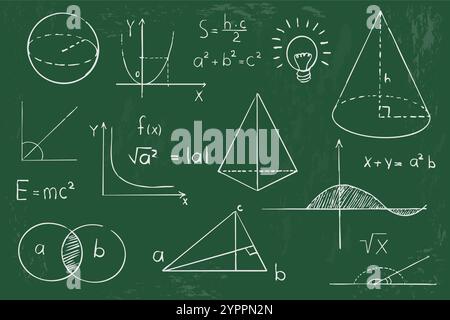 Mathematische Geometrie und Formen auf Tafel Hintergrund. Stellen Sie handgezeichnete Skizzenelemente mit wissenschaftlichen Kritzeleien ein. Theoretische Formel studieren, Berechnungen. Vektorabbildung Stock Vektor