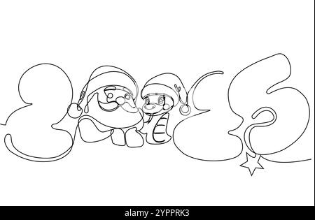 Niedlicher Cartoon Weihnachtsmann und grüne Schlange stehen neben den Winterbäumen mit Weihnachtsgeschenken. Cartoon Santa Claus mit Schlange auf blauem Hintergrund. Vektorabbildung Stock Vektor