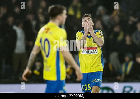 Westerlo, Belgien. Dezember 2024. Westerlos Sergij Sydorchuk reagiert auf ein Fußballspiel zwischen KVC Westerlo und KAA Gent in Westerlo am 16. Tag der Saison 2024-2025 der ersten Liga der Jupiler Pro League am Sonntag, dem 1. Dezember 2024. BELGA FOTO BRUNO FAHY Credit: Belga News Agency/Alamy Live News Stockfoto