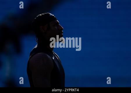 Charlotte, NC, USA. Dezember 2024. Carolina Panthers Wide Receiver Xavier Legette (17) während der Aufwärmphase vor dem NFL Matchup in Charlotte, NC. (Scott Kinser/CSM). Quelle: csm/Alamy Live News Stockfoto