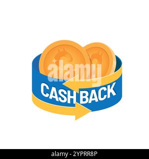 Cashback Promotion Emblem mit auffälliger Typografie, Münzen und gelben Schmalspuren. Designelement für Online-Shopping. Stock Vektor