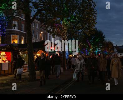 Die Menschenmassen versammeln sich am Abend auf einem Weihnachtsmarkt mit beleuchteten Bäumen und dekorierten Ständen in einer gemütlichen urbanen Umgebung. York Christmas Market 2024 Stockfoto