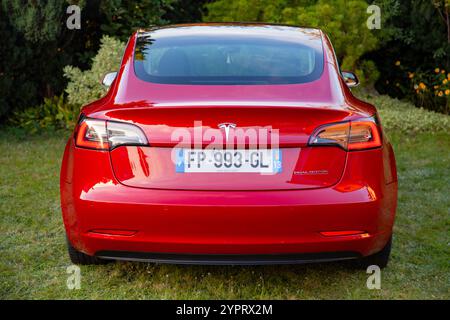 Vilnius, Litauen - 15-08-2024 - Red Tesla Model 3 Doppelmotor, Rückansicht auf dem Gras Stockfoto