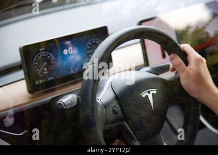 Vilnius, Litauen - 16-08-2024 - Innenraum des Tesla Model 3, Mannhand am Lenkrad und Armaturenbrett Stockfoto