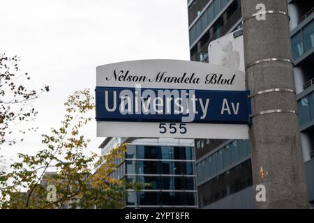 Die University Avenue heißt das Schild Nelson Mandela Boulevard in der Innenstadt von Toronto, Ontario, Kanada Stockfoto