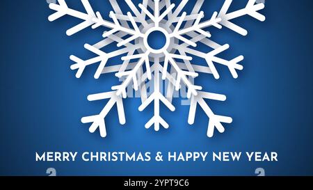 Dunkelblauer Weihnachtshintergrund mit weißem Papier Glitzer Schneeflocken. Silvester Schneeflocken Weihnachtsdekoration. Vektorabbildung Stock Vektor