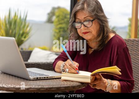 Porträt einer älteren Geschäftsfrau mit Brille, die draußen neben ihrem Laptop in einem Notebook schreibt Stockfoto