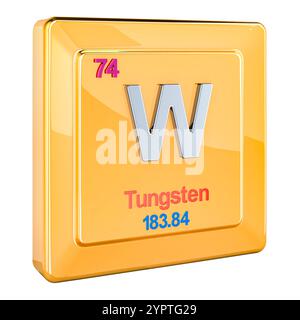 Wolfram W, Zeichen für chemische Elemente mit der Zahl 74 im Periodensystem. 3D-Rendering isoliert auf weißem Hintergrund Stockfoto