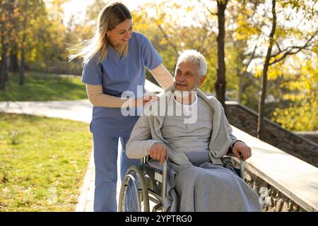 Betreuungsperson hilft Senioren im Rollstuhl im Park. Häuslicher Gesundheitsdienst Stockfoto