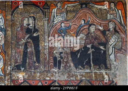 Besichtigung und Geburt Jesu, Altarfront von Santa Maria de Iguacel, XIII Jahrhundert, Tempera-Gemälde auf Kiefernholz, Diözesanmuseum von Jaca, Huesca, Stockfoto