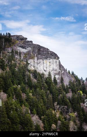 Vertikaler Blick auf den Devils Courthouse Ridge in den Appalachian Mountains entlang des Blue Ridge Parkway. Stockfoto