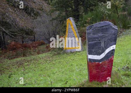 O Rexo Ecospace, malerische und skulpturale Intervention des Künstlers Agustin Ibarrola an einem natürlichen Raum, Allariz, Ourense, Galicien, Spanien, Europa Stockfoto