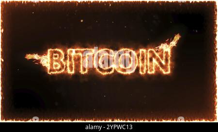 Bitcoin-Kryptowährung brennt über schwarzem Hintergrund. Kryptowährung auf dem Markt Stockfoto