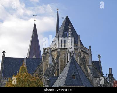 Blick auf die Türme des Halberstädter Doms im Herbst. Halberstadt, Sachsen-Anhalt, Deutschland, Europa Stockfoto