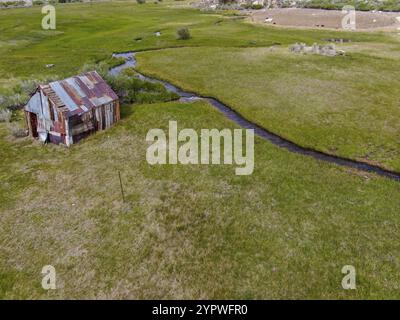 Aus der Vogelperspektive auf verlassene kleine Holzhausscheune neben einem kleinen Fluss im grünen Tal eines Berges, Aspen Spring, Mono County, Kalifornien, USA Stockfoto