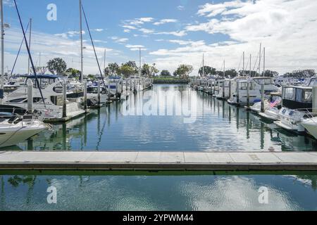 Boote liegen im Embarcadero Marina Park North, San Diego. Boot, Yachten, Schiff und Segel im Hafen angedockt. Marina mit verankerten Luxusbooten. Kalif Stockfoto