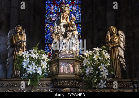 Jungfrau von Roncesvalles., Königliche Stiftskirche Santa Maria de Roncesvalles, Orreaga, Santiago's Road, Navarra, Spanien, Europa Stockfoto